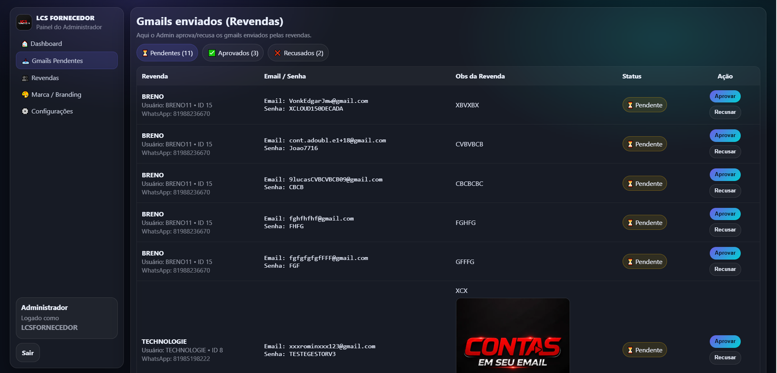 📥 Admin • Gmails Pendentes